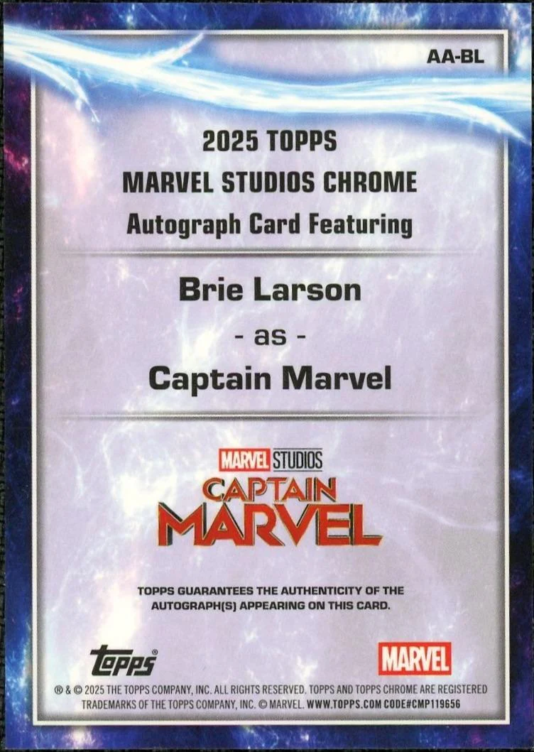 2025 Topps Chrome Marvel Studios Sapphire AA-BL Carol Danvers Auto /10 Inscription - Image 2
