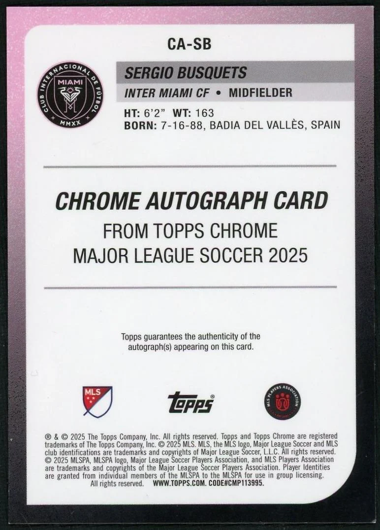2025 Topps Chrome MLS Chrome Autographs Sergio Busquets Pink Pulsar /25 - Image 2