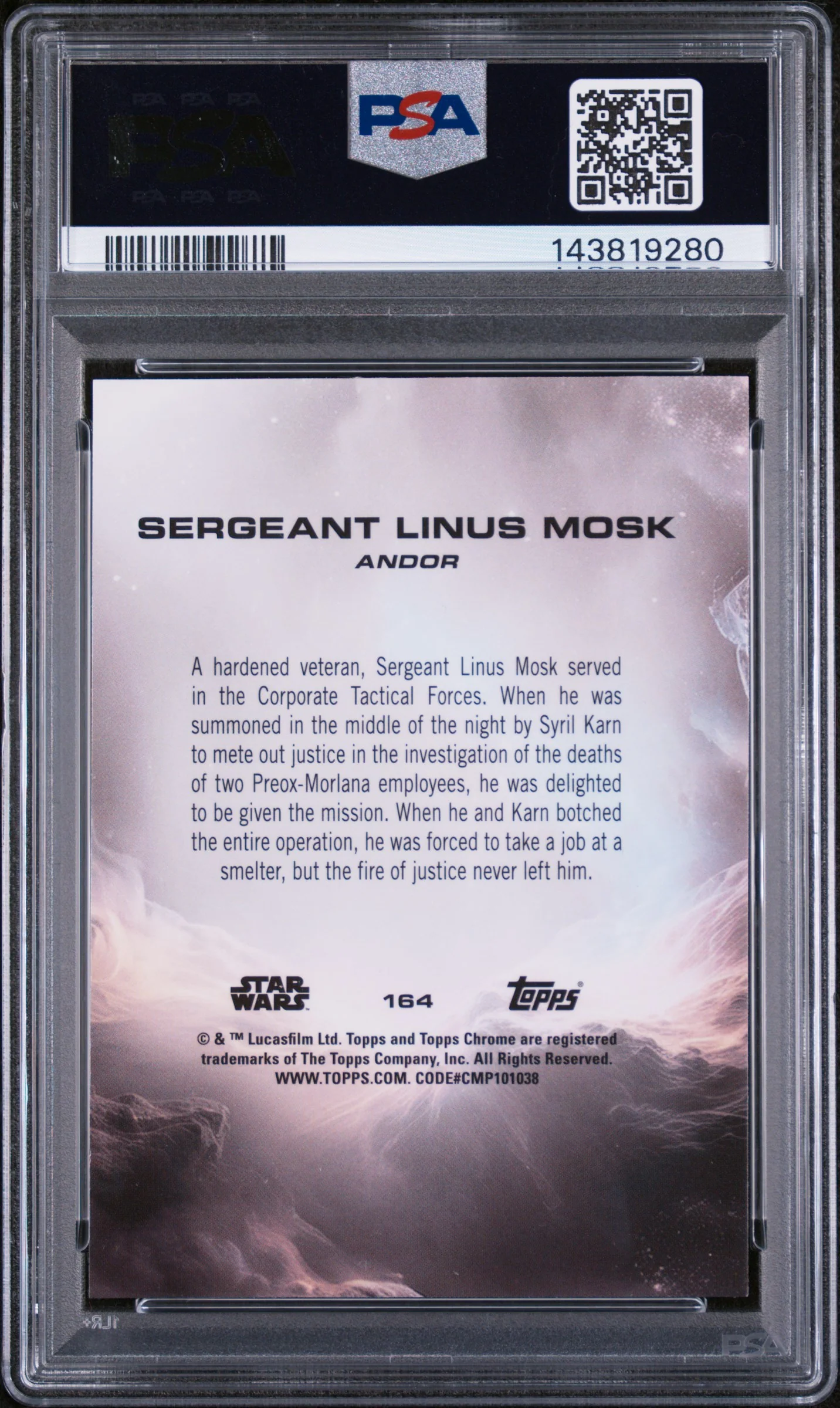 2025 Topps Chrome Star Wars Kamino Purple Refractor Sergeant Linus Mosk #164 /193 PSA 9 - Image 2