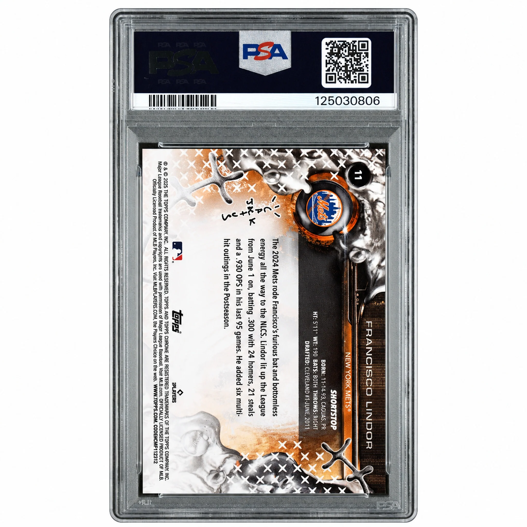 2025 Topps Chrome X Cactus Jack Orange Refractor Francisco Lindor #11 PSA 10 - Image 2