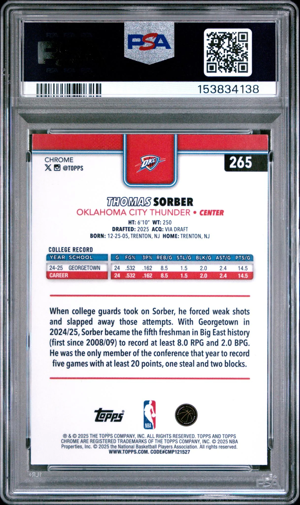 2025 Topps Chrome Yellow Refractor Thomas Sorber #265 /275 PSA 9 - Image 2
