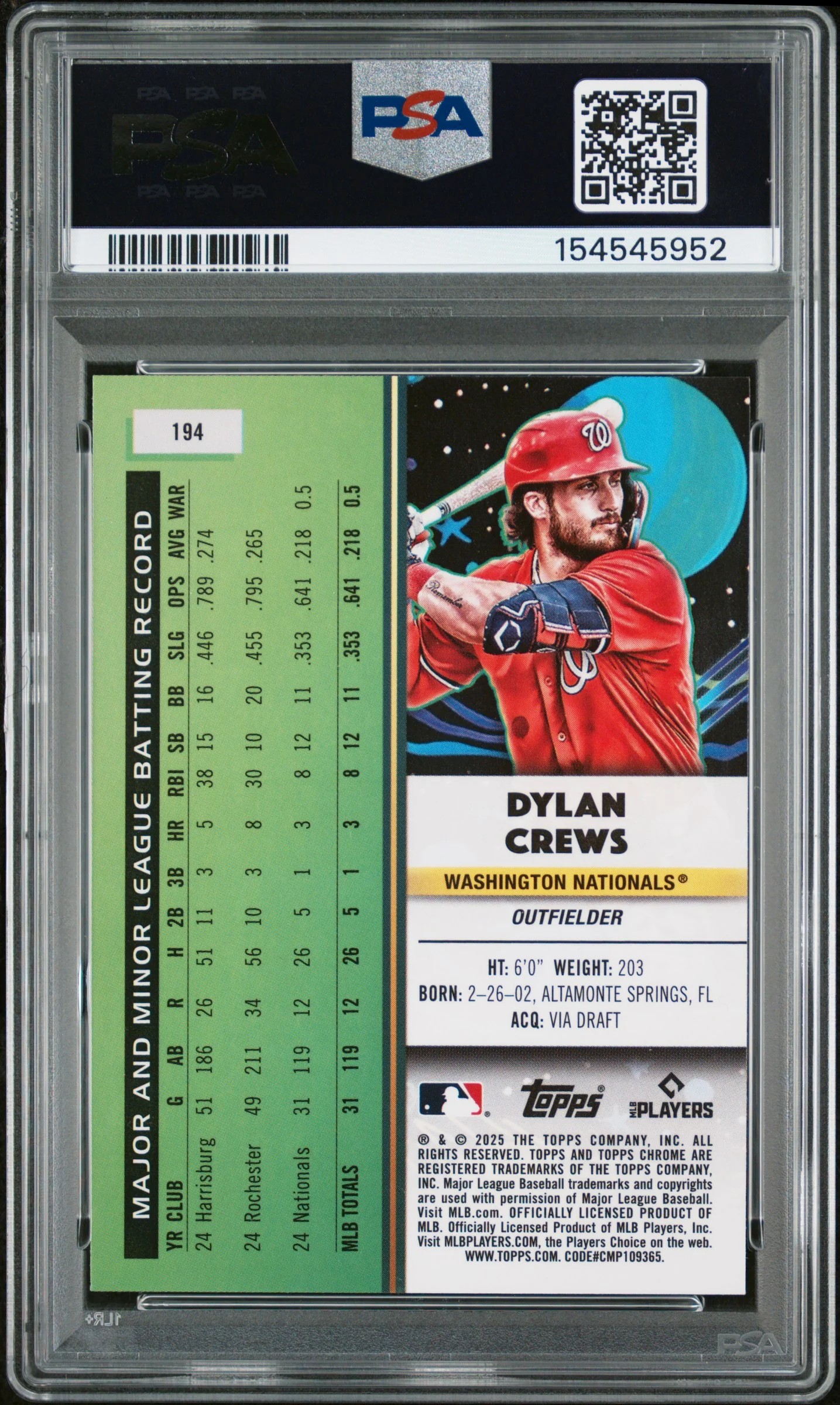 2025 Topps Cosmic Chrome Nucleus Dylan Crews #194 PSA 9 - Image 2