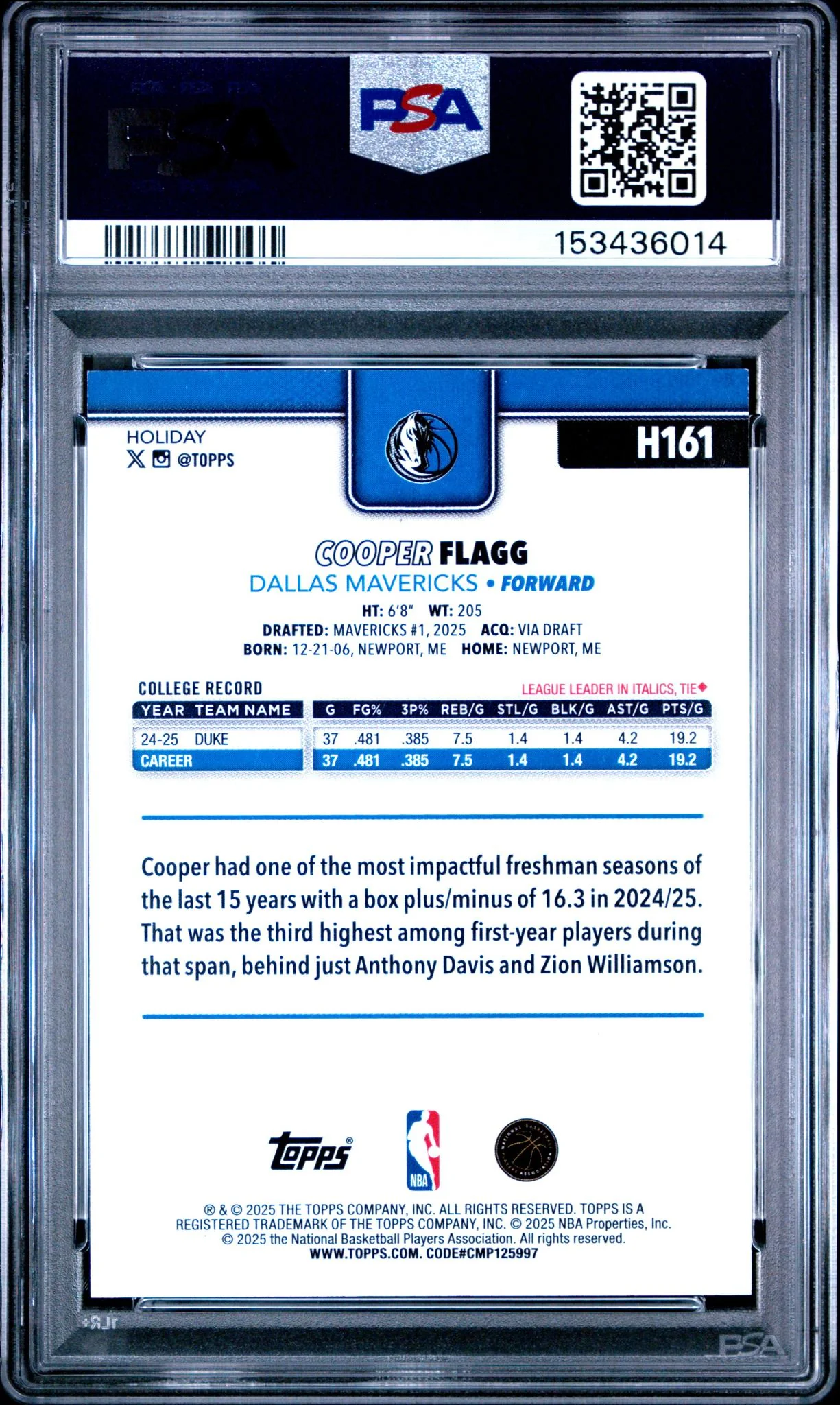 2025 Topps Holiday Purple Glitter Cooper Flagg #H161 /99 PSA 6 - Image 2