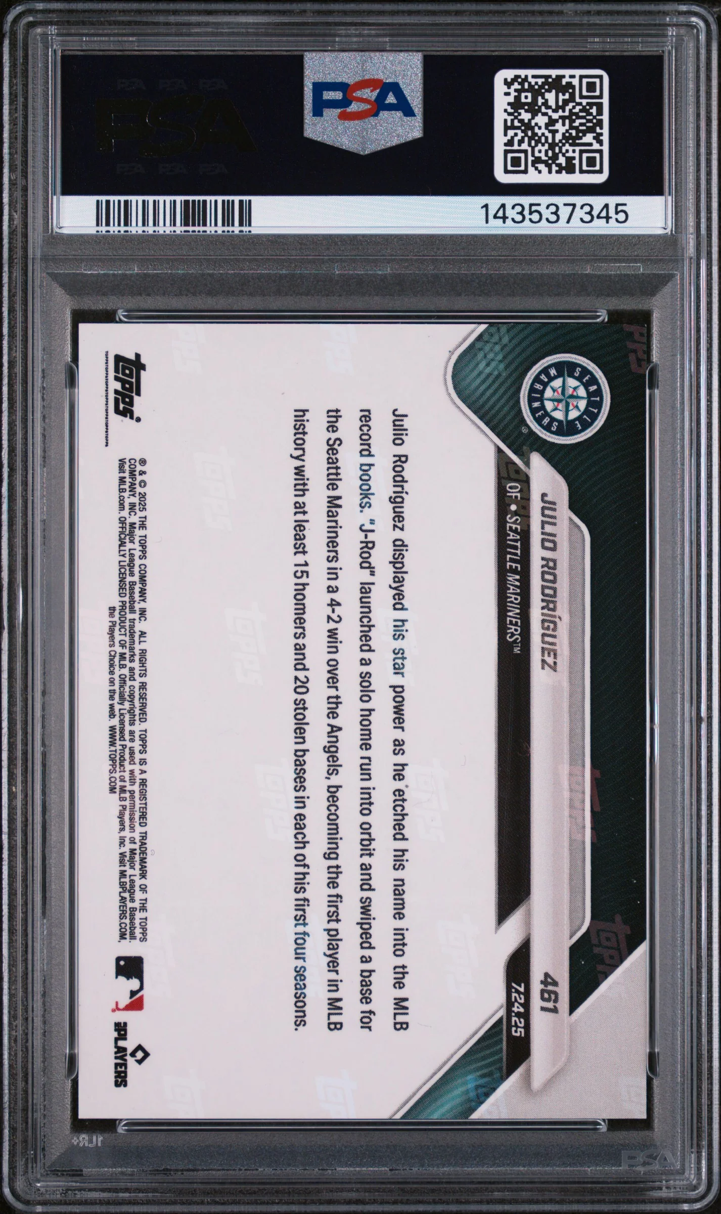 2025 Topps Now Red Foil Julio Rodriguez #461 5/5 PSA 9 - Image 2