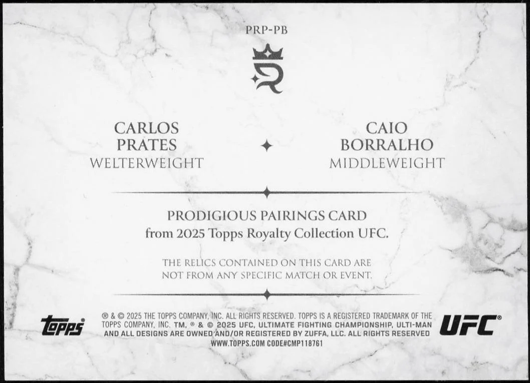 2025 Topps Royalty UFC Carlos Prates Caio Borralho Prodigious Pairings Blue /25 - Image 2