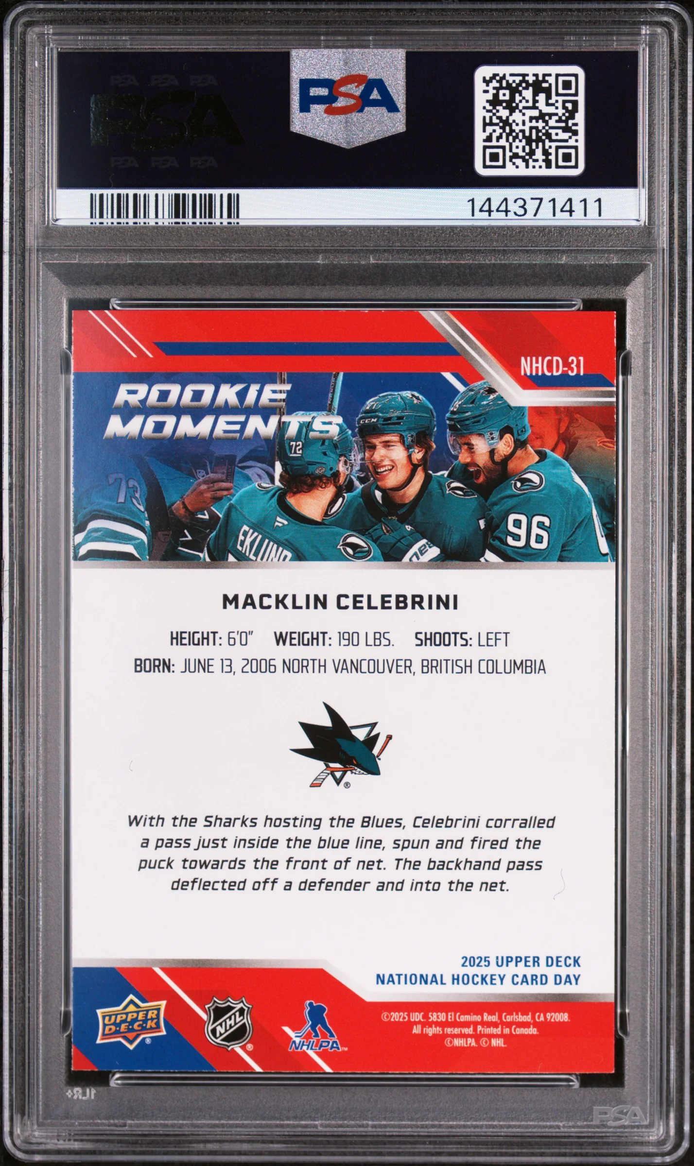 2025 Upper Deck National Hockey Card Day Macklin Celebrini #NHCD31 PSA 9 - Image 2