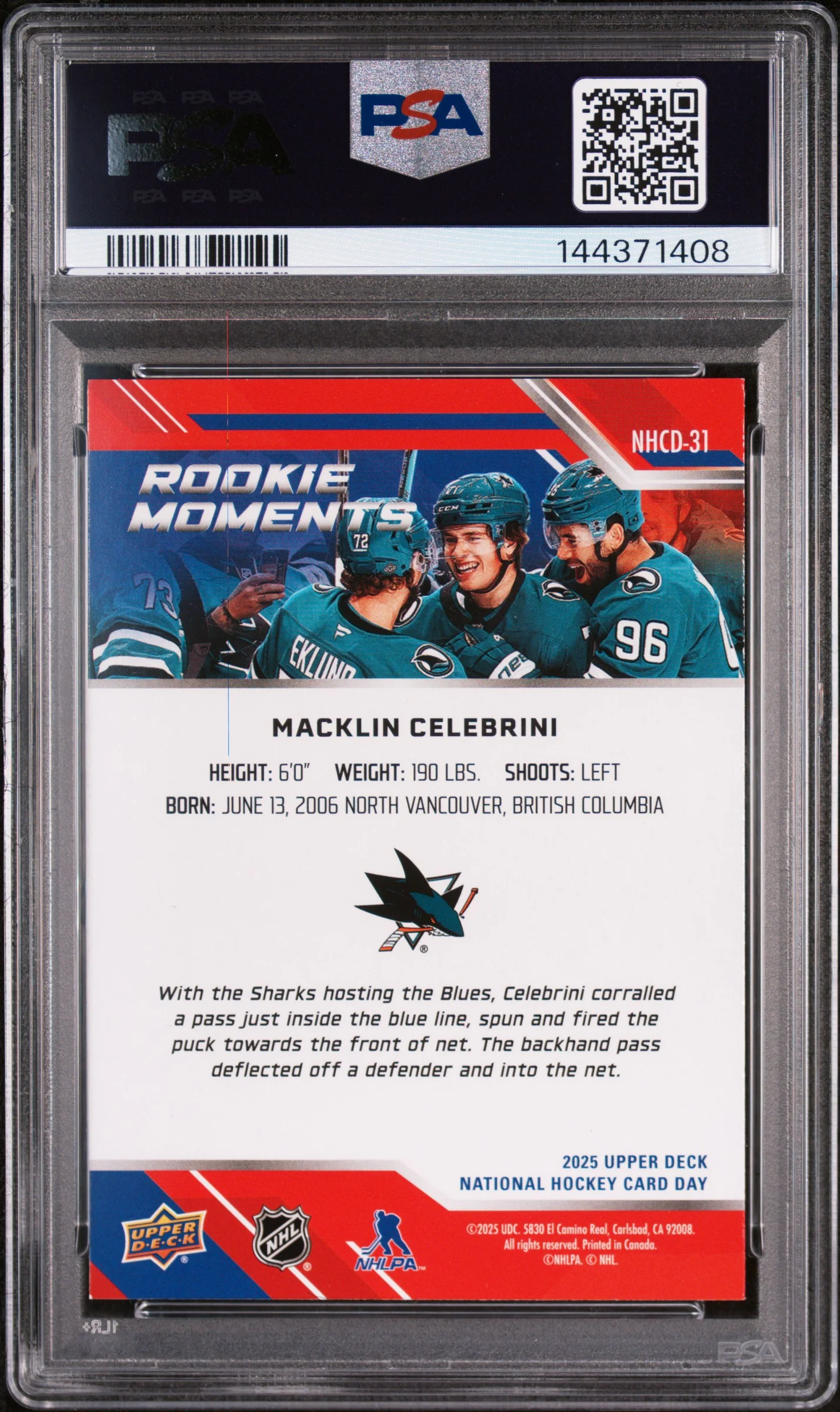2025 Upper Deck National Hockey Card Day Macklin Celebrini #NHCD31 PSA 9 - Image 2