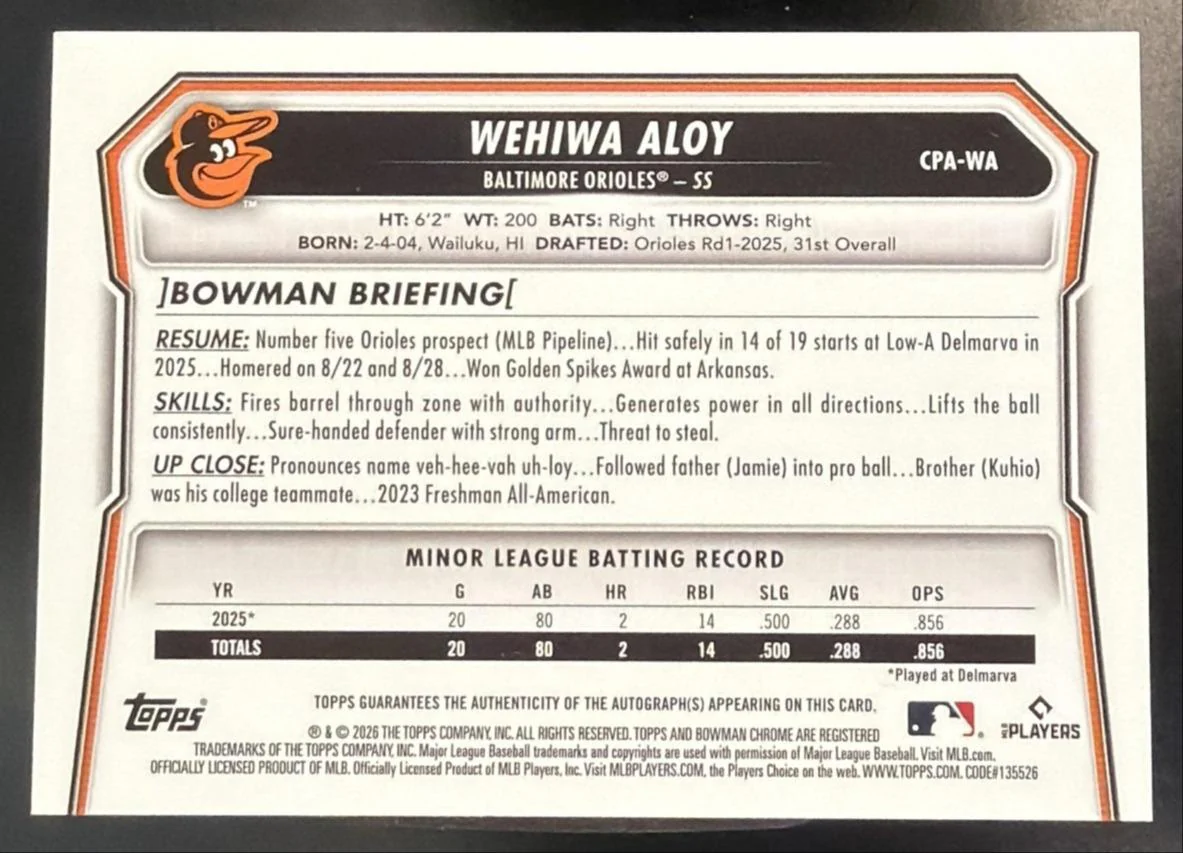 2026 Bowman Wehiwa Aloy #CPA-WA Chrome Auto Blue Refractor /150 1st Prospect - Image 2