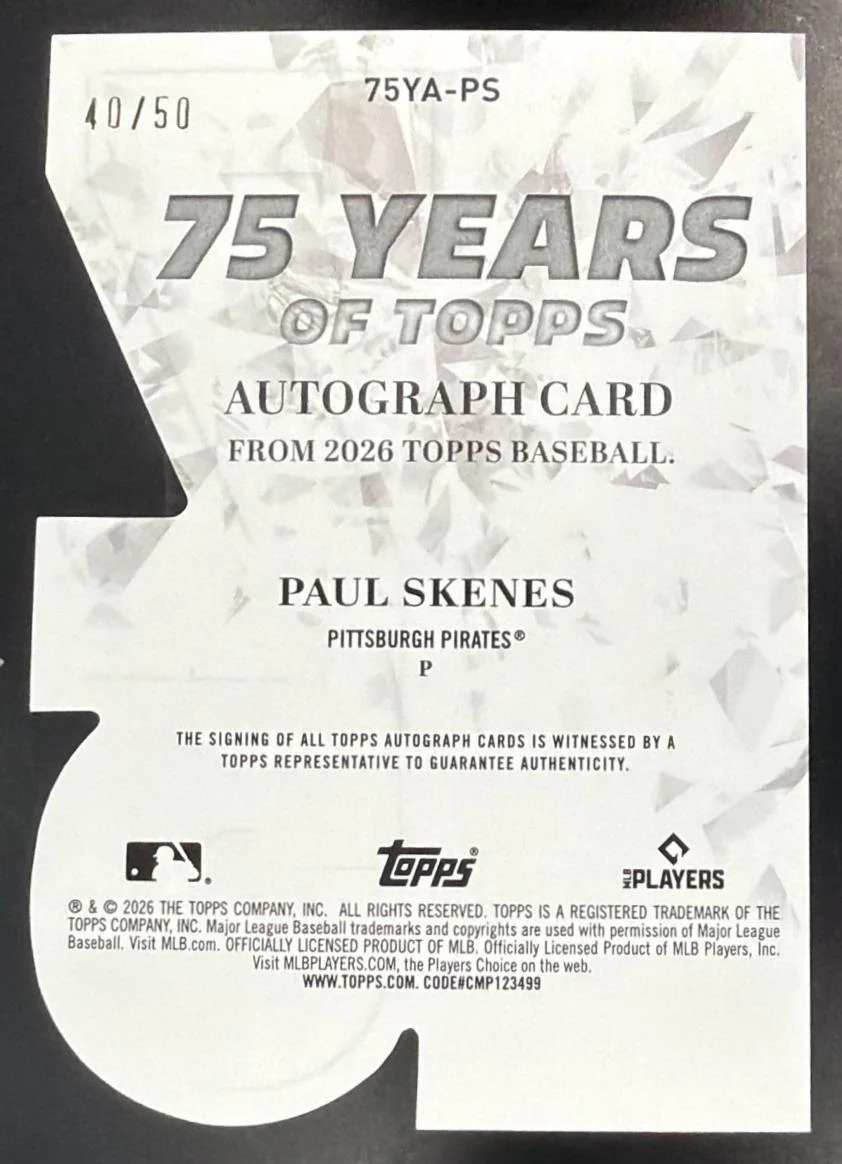 2026 Topps Series 1 Paul Skenes #75YA-PS 75 Years of Die-Cut Auto Gold /50 - Image 2